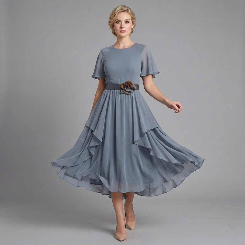 M L Vintage 1970s Steel Blue Gray Airy Elegant Disco Cocktail Dress w Belt 70s