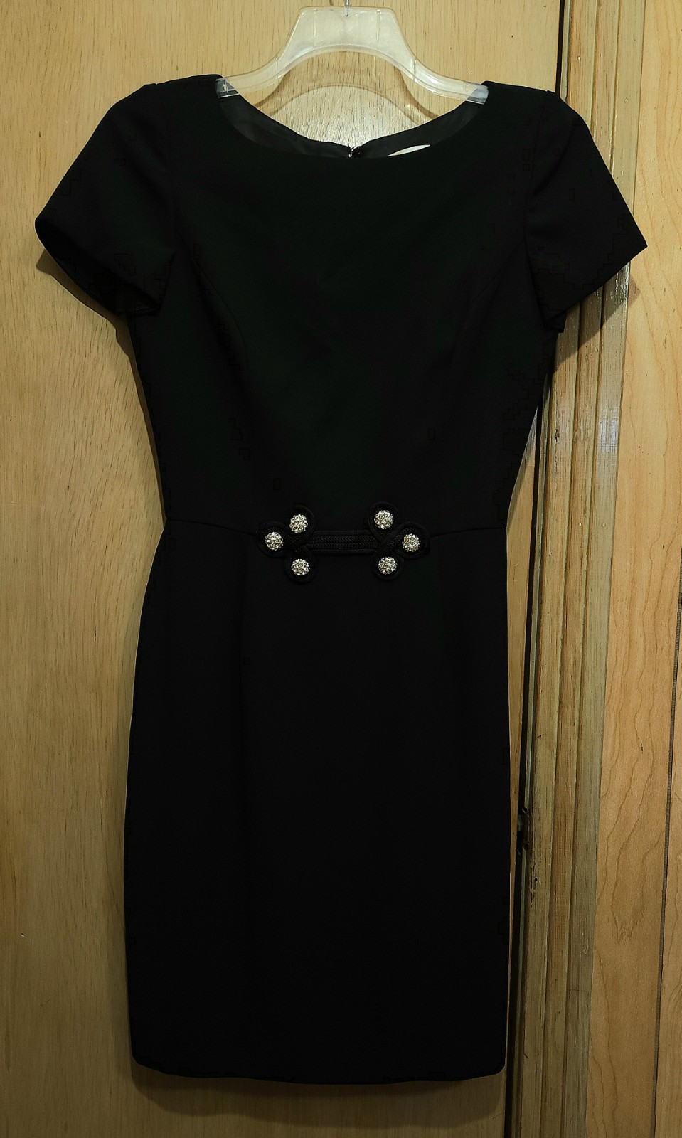 VTG 80s Horchow Dress Womens Sz 8 Black Sheath Rhinestone Button Cord Detail