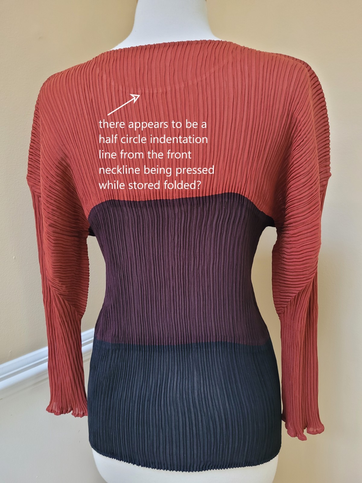 RARE Issey Miyake Pleated Dolman Sleeve Color Block Blouse Top Rust Brown Black