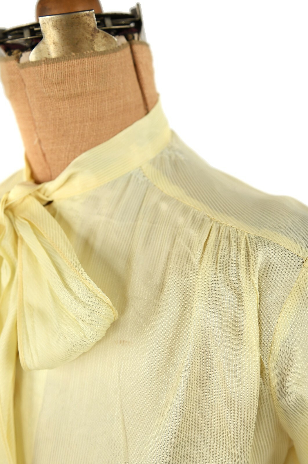 Vintage 40s Fruit of the Loom Semi Sheer Yellow Cream Nylon Ascot Tie Blouse M