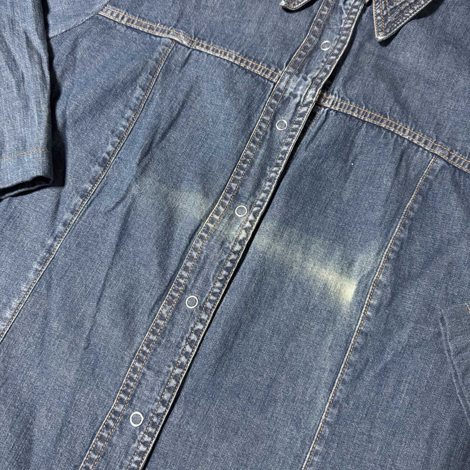 VTG 80s Womens Denim Sharp Collar 3/4 Sleeve Button Snap Shirt Size L 21×27