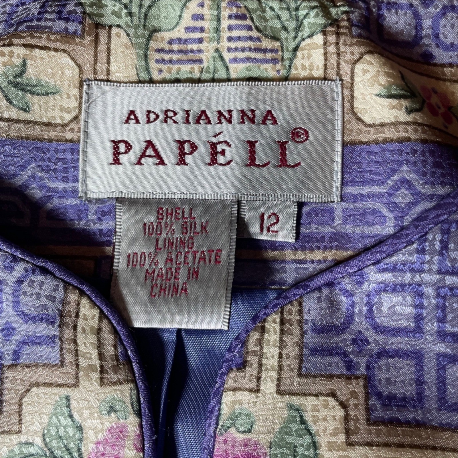 Adrianna Papell Vintage 100% Silk Floral Geometric Frog Button Blouse Purple 12