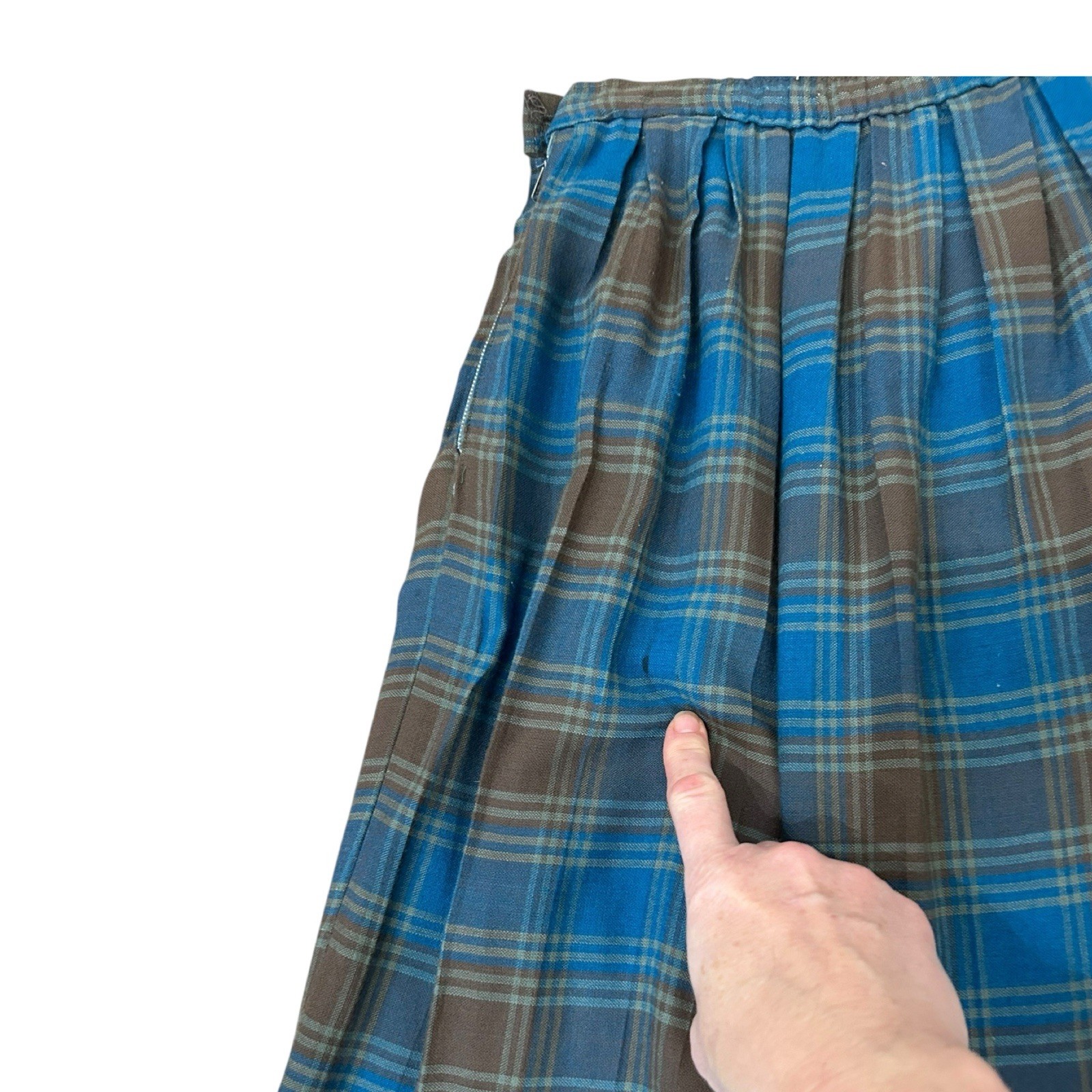 Vintage 50s Blue Brown Plaid Pleated A-Line Skirt Side Zip Mid Century XS