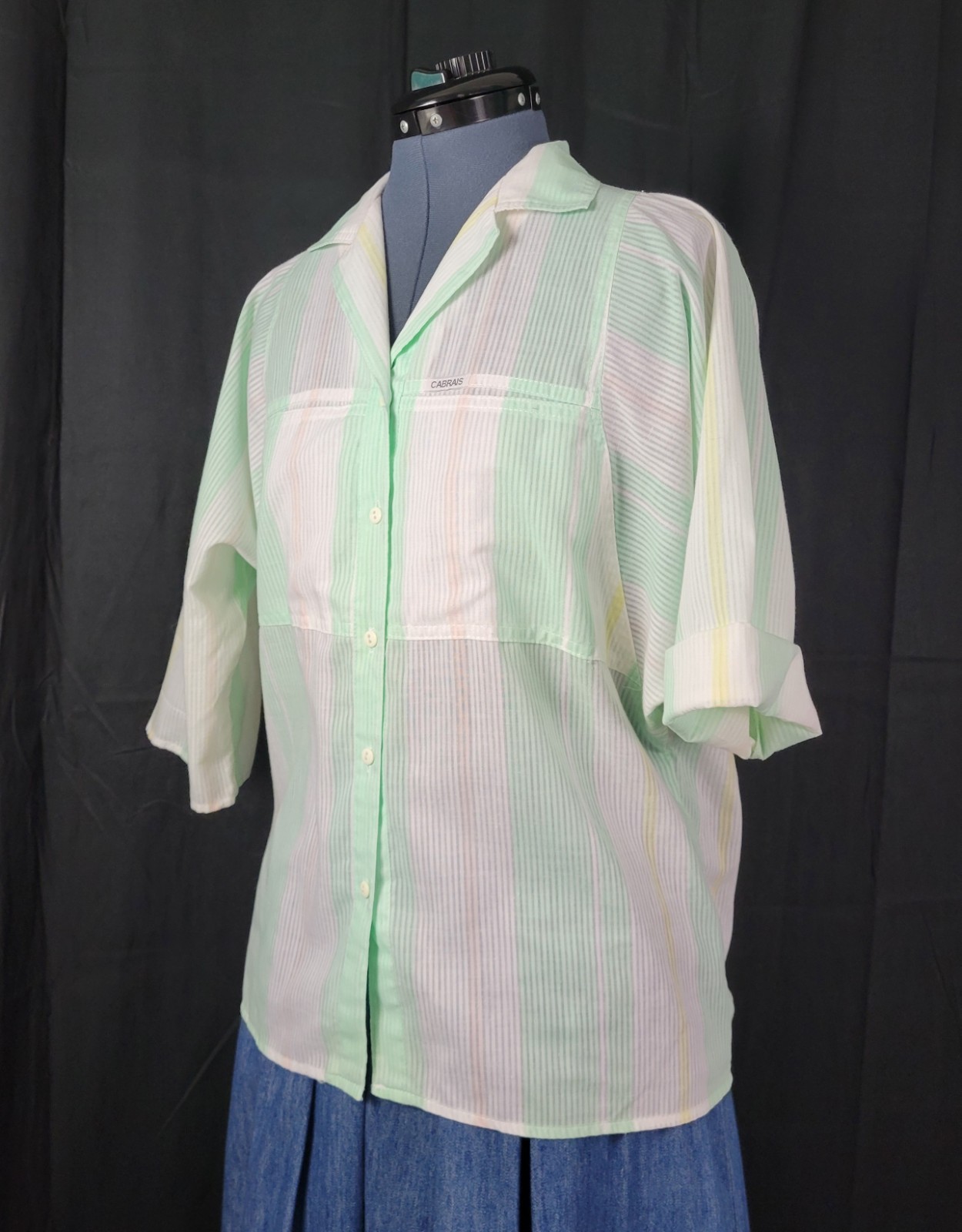 Vintage Cabrais Oversized Mint & White Striped Button Down Shirt Size Large