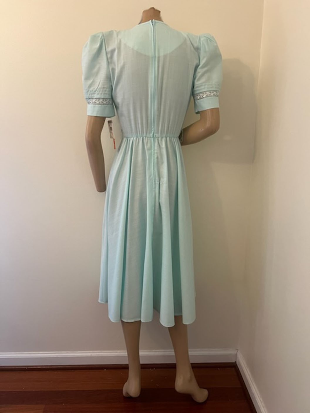 NWT Vintage 80s Leslie Fay Mint Green Puff Sleeve Crochet Secretary Dress XS/S