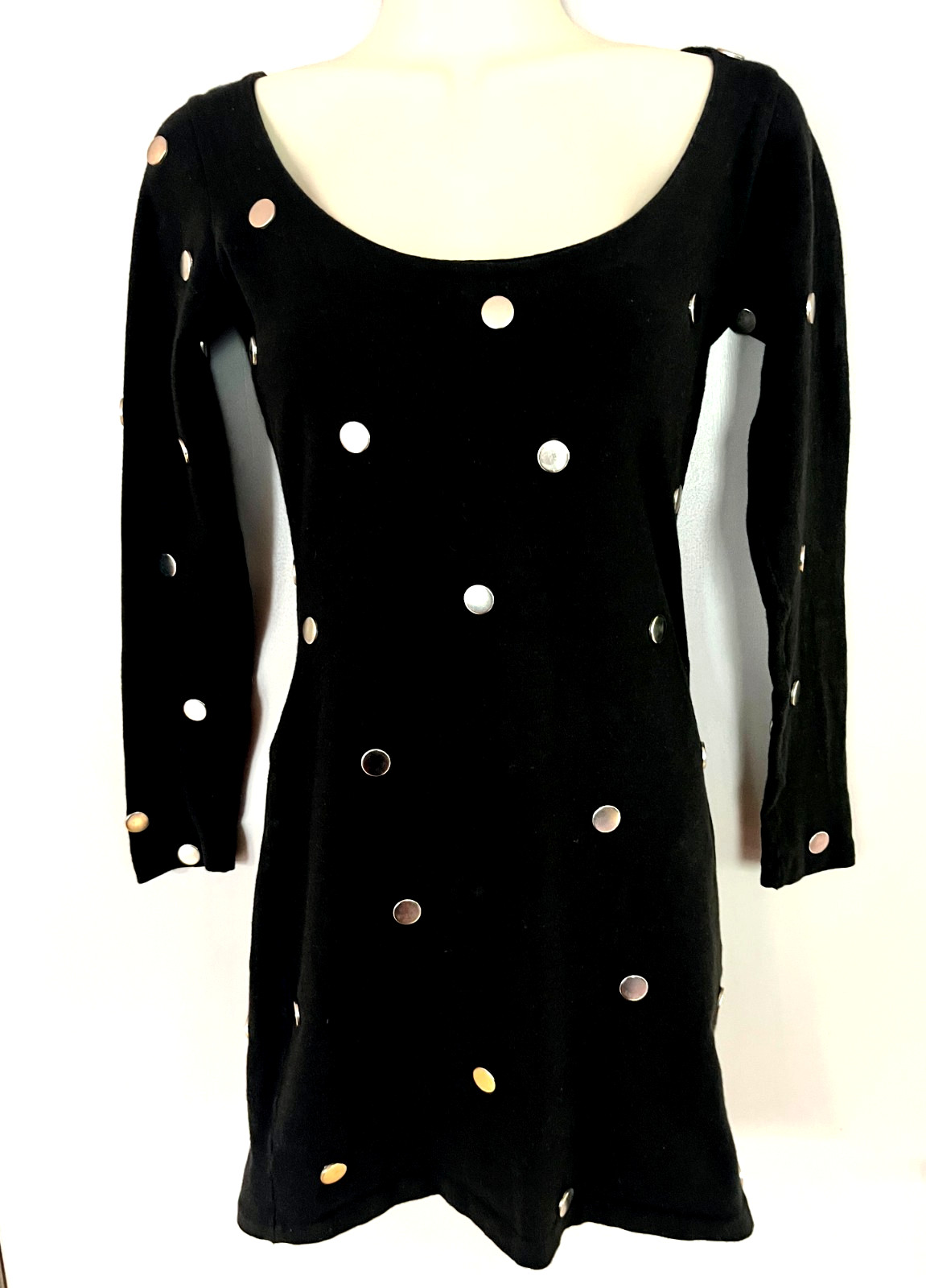 RARE Vintage 60s Betsey Johnson mini-dress black cotton/Lycra w/metal dots S