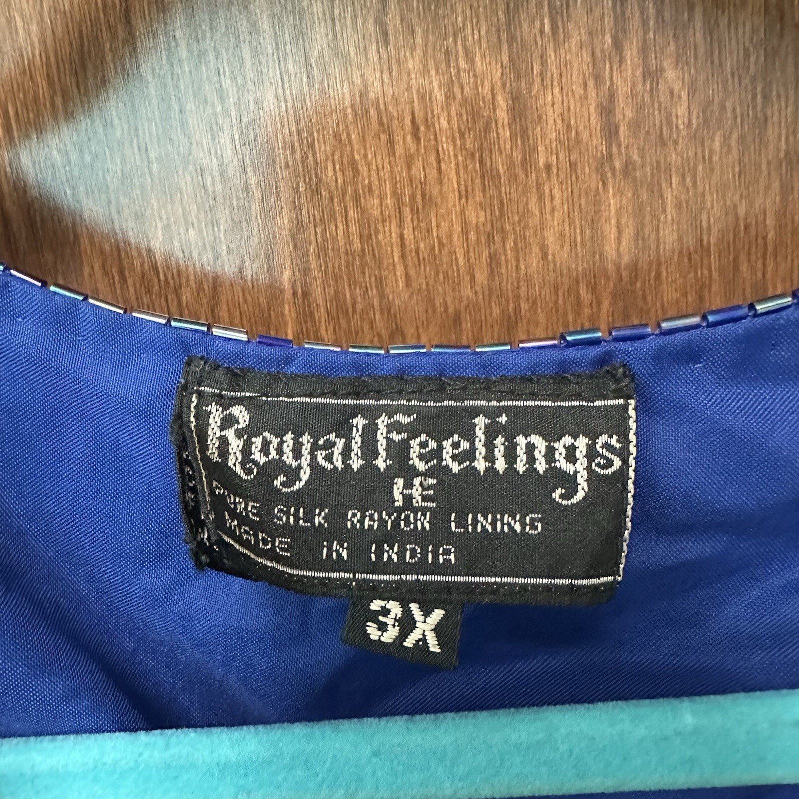 Vintage 80s Royal Feelings Beaded Sequin Party Blouse Silk Rayon Blue Black FLAW