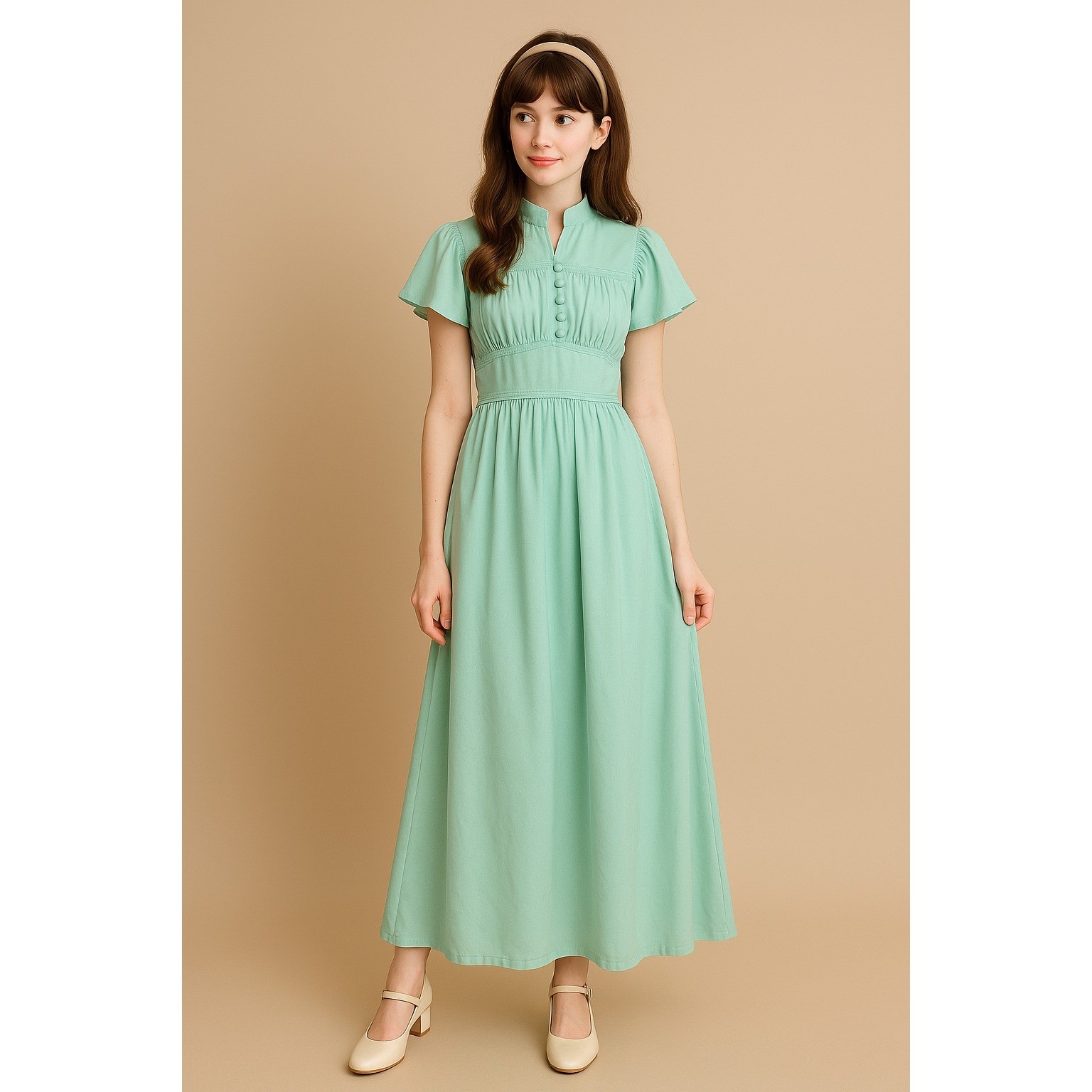 Vtg Trolley Car Maxi Dress Womens Size 7 Mint Green 70s Flutter Sleeve Smocked