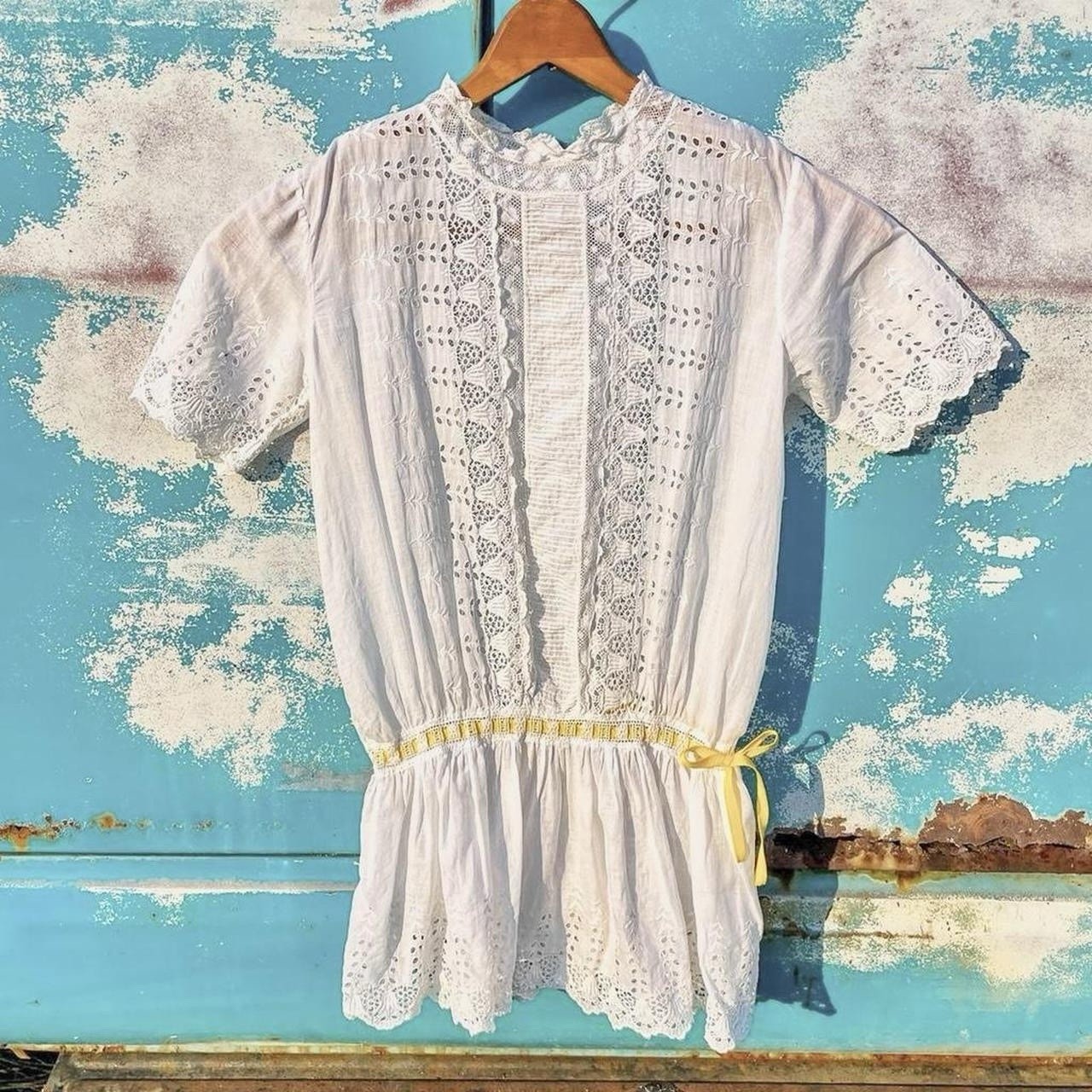 Antique edwardian tea blouse w/ eyelet lace, button back & yellow ribbon waist