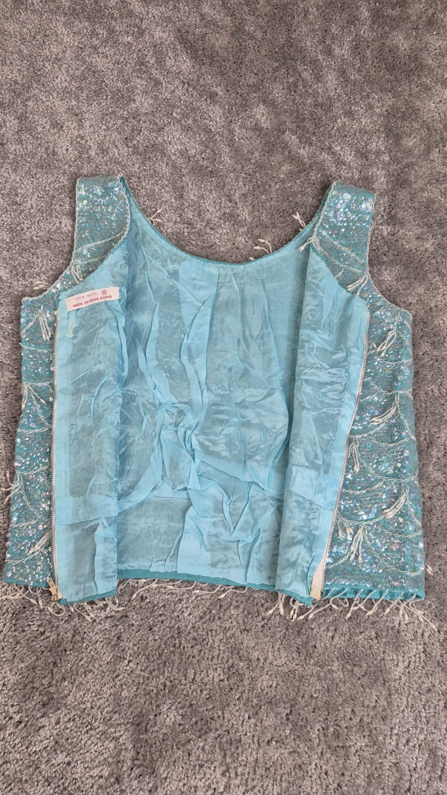 VTG Handmade Wool Sequin Top Womens 34 P2P Aqua Sweater White Beads Fringe