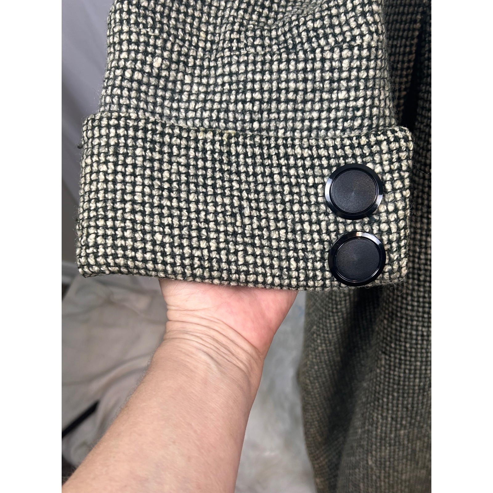 Vintage Great Britain Black White Tweed Wool Maxi Coat Long Trench Jacket Womens