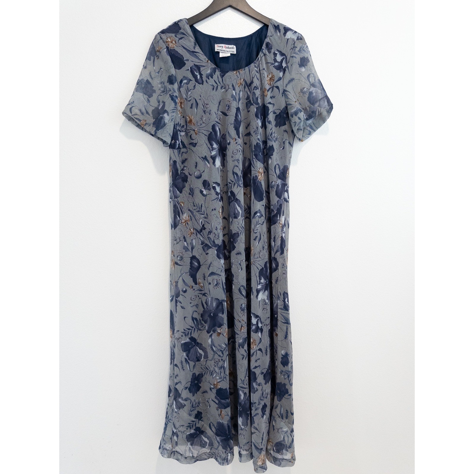 Vintage 90s Tracy Richards Dress Womens 18WP Gray Floral Chiffon Garden Party