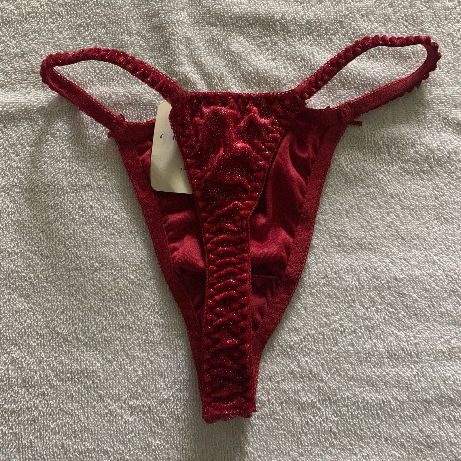 Women’s S/5 VAN MAR Vintage Red Velvet Glitter Sparkle Bow Thong Panties NWT