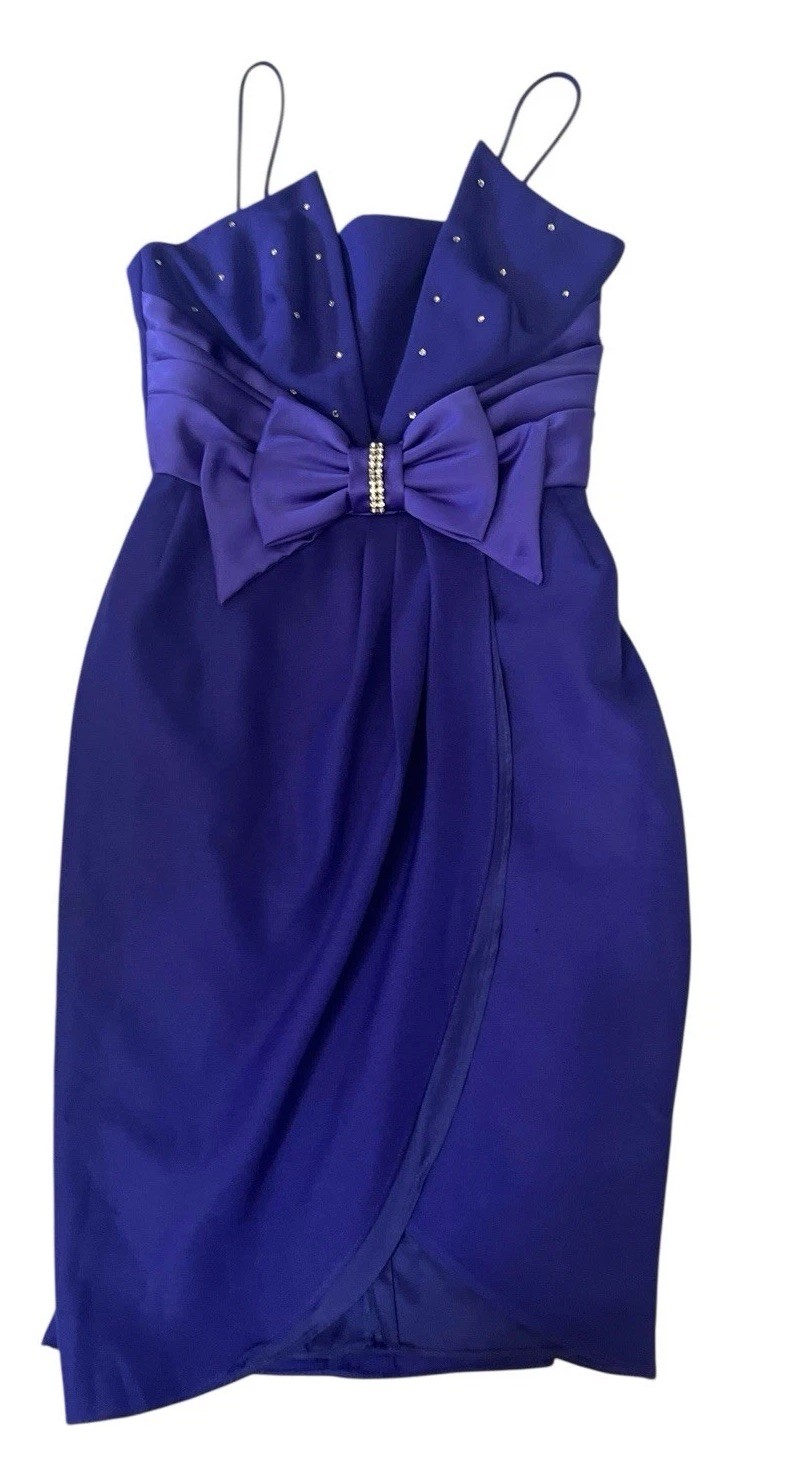 Vtg 80s Bari Jay Rhinestone Bow Party Dress 6 Made In USA Purple Sleeveless Mini
