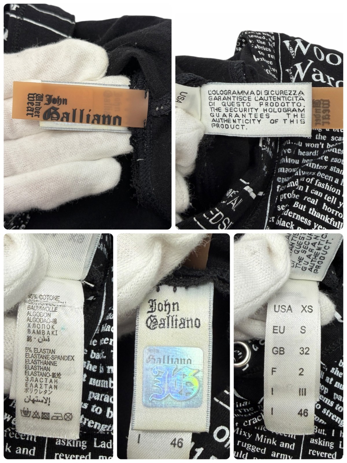 John Galliano Vintage Newspaper Print Hoodie Top Pants Set #XS Black 902549