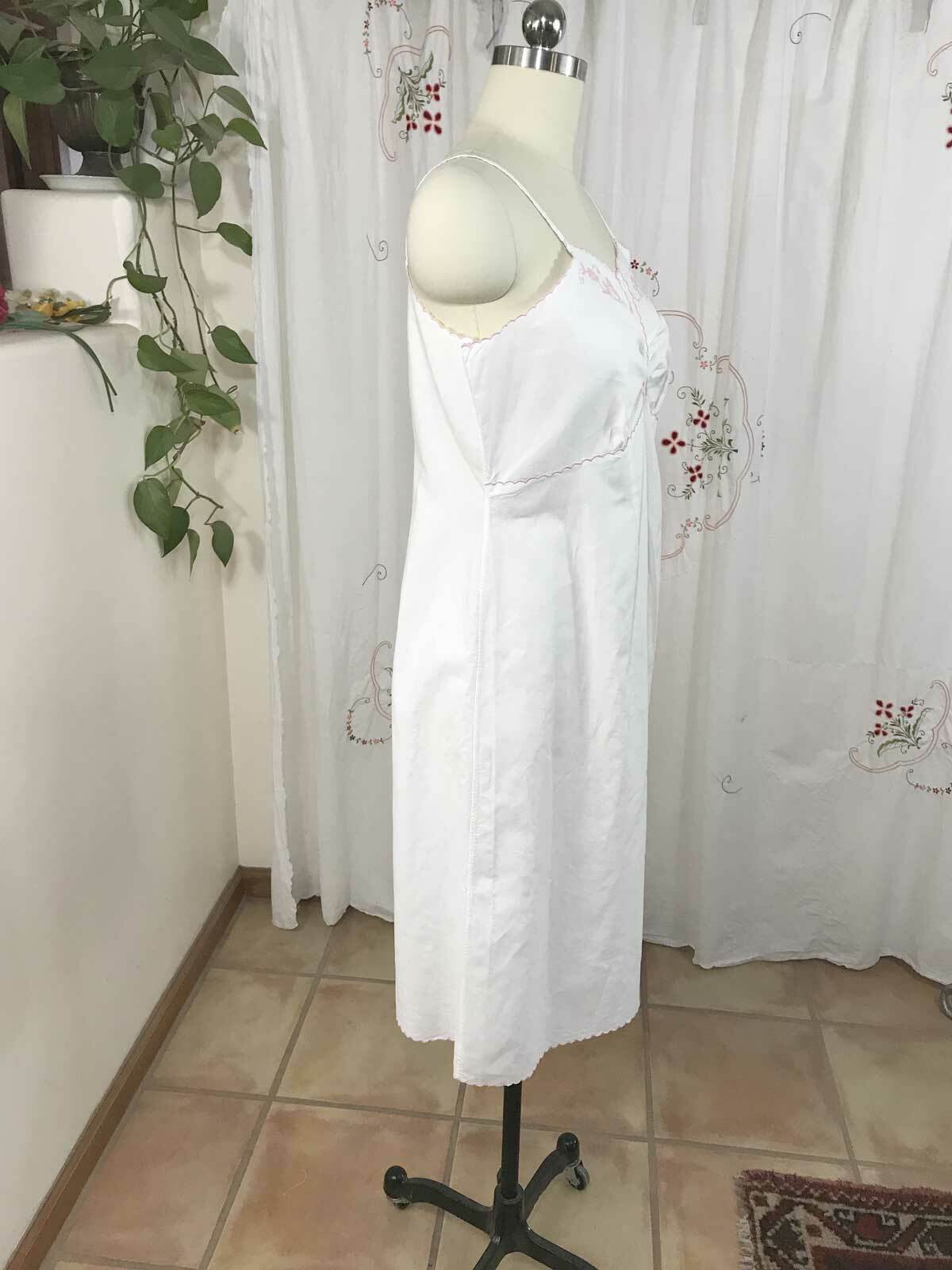 Vtg French White Cotton Slip Summer Day Dress Nightgown Pink Embroidery sz M/L