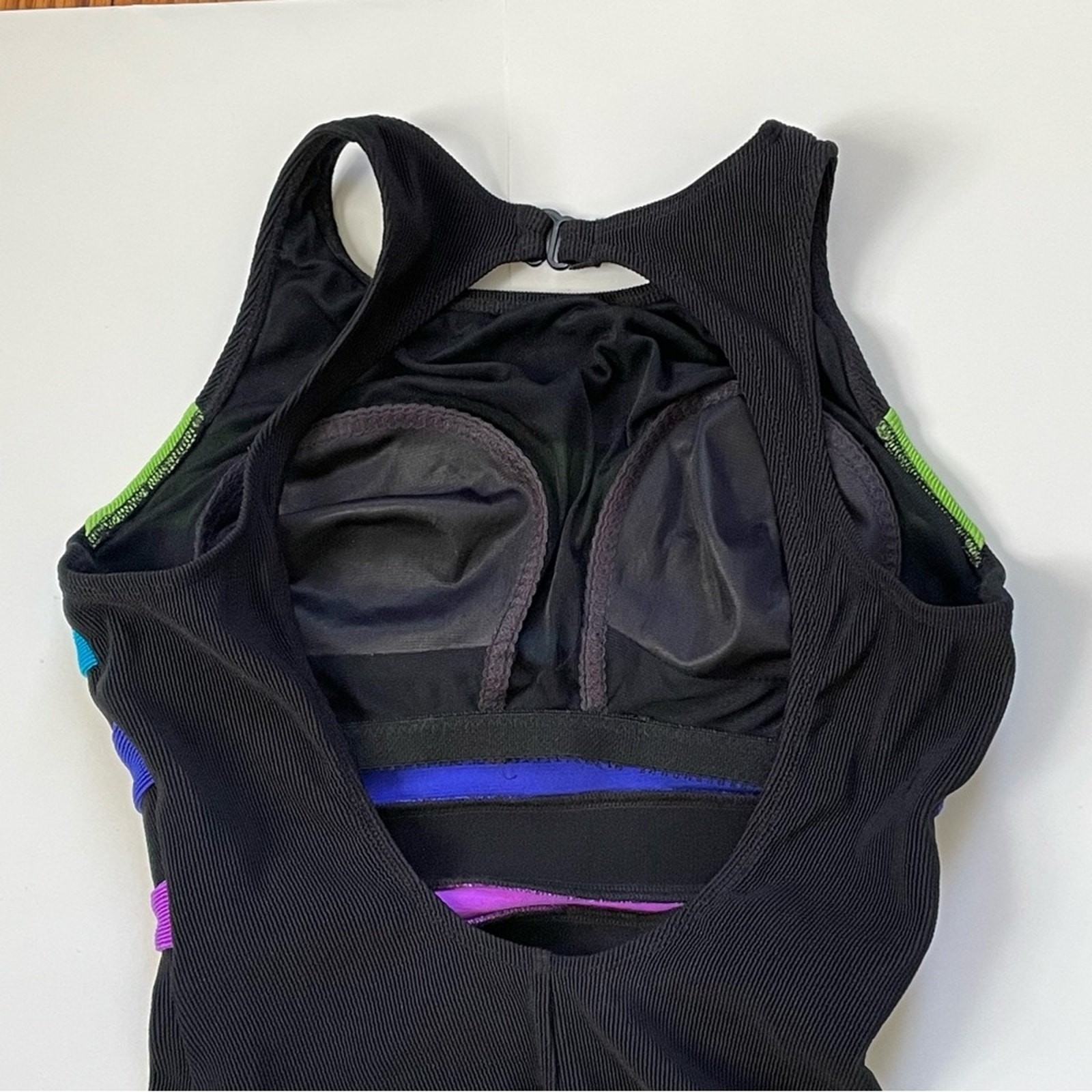 Cazimi Ribbed Neon Striped One Piece Swimsuit Bodysuit 6 Black Blue Purple Green