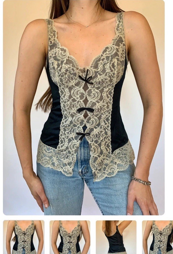 Vasarette Vintage Cami. Black Tricot with Lace 34