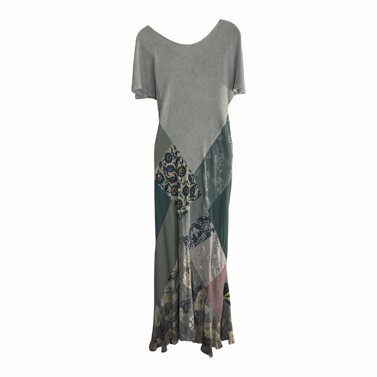 Vintage Y2K Patchwork Maxi Dress L Boho Mixed Media Knit Floral 90s Art To Wear