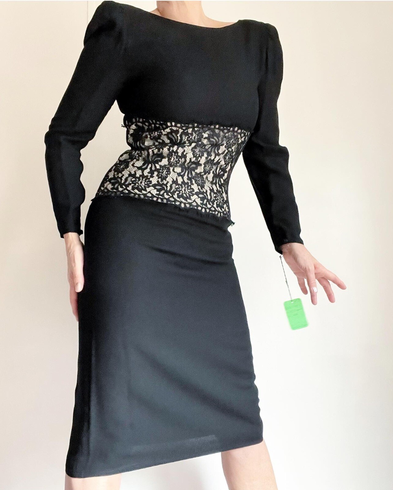 Vintage 80s Doing 40s Unworn Lace Corsage Illusion Black Evening Dress Raul Bian