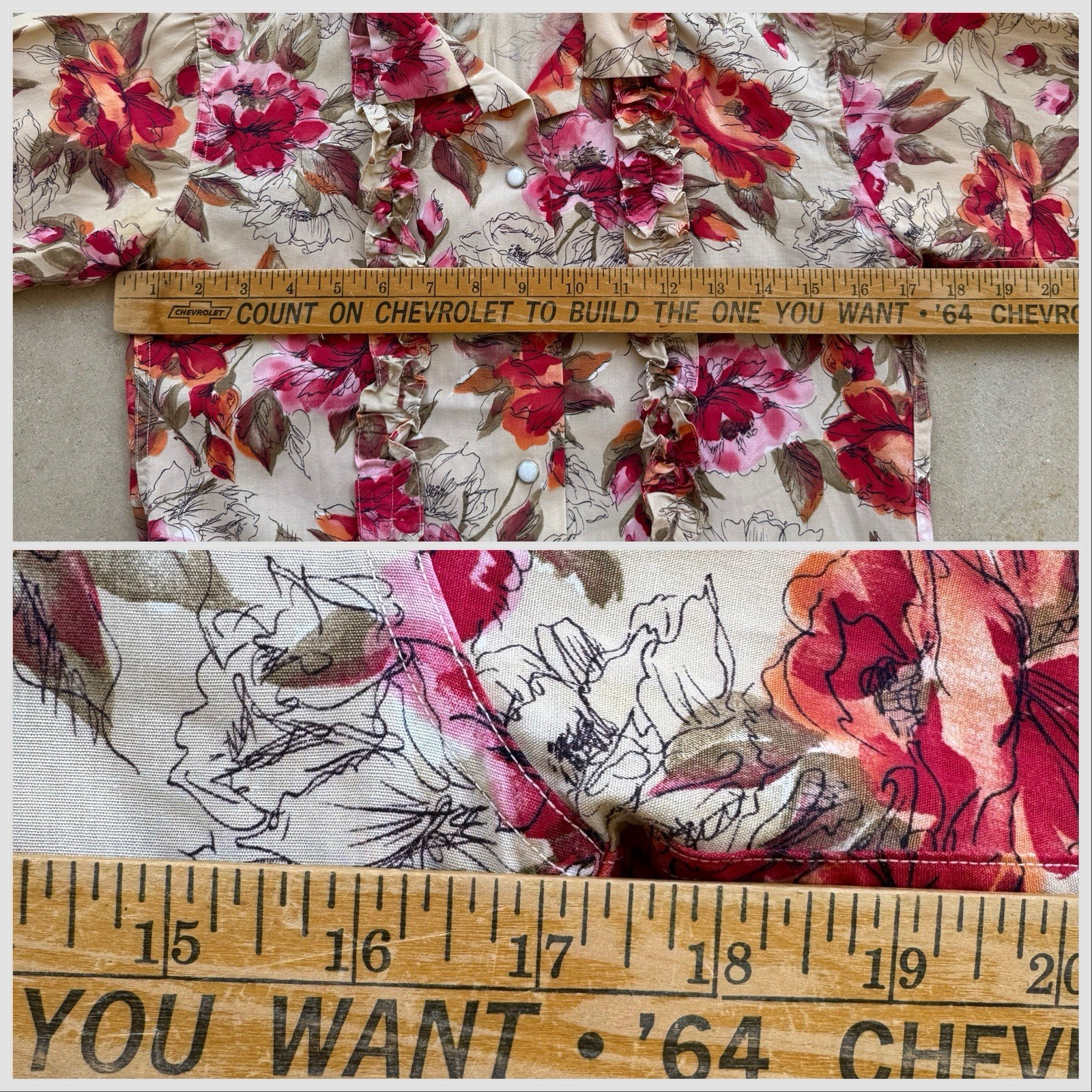 H Bar C Western Pearl Snap Ruffle Blouse Floral Rockabilly Shirt USA S Vintage