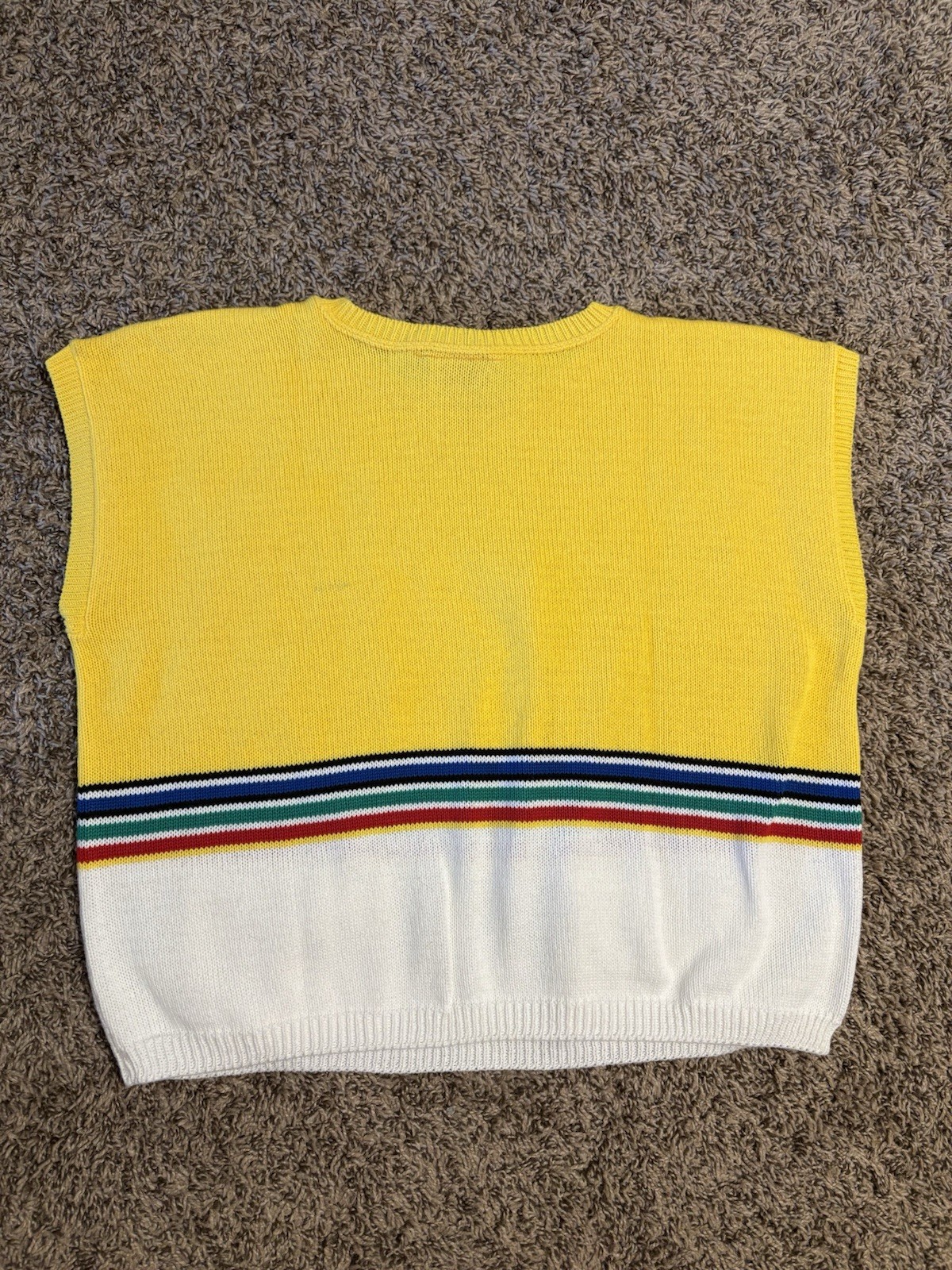 VTG 70s 80s Beldoch Popper Sweater Yellow Rainbow Stripe Knit Pockets