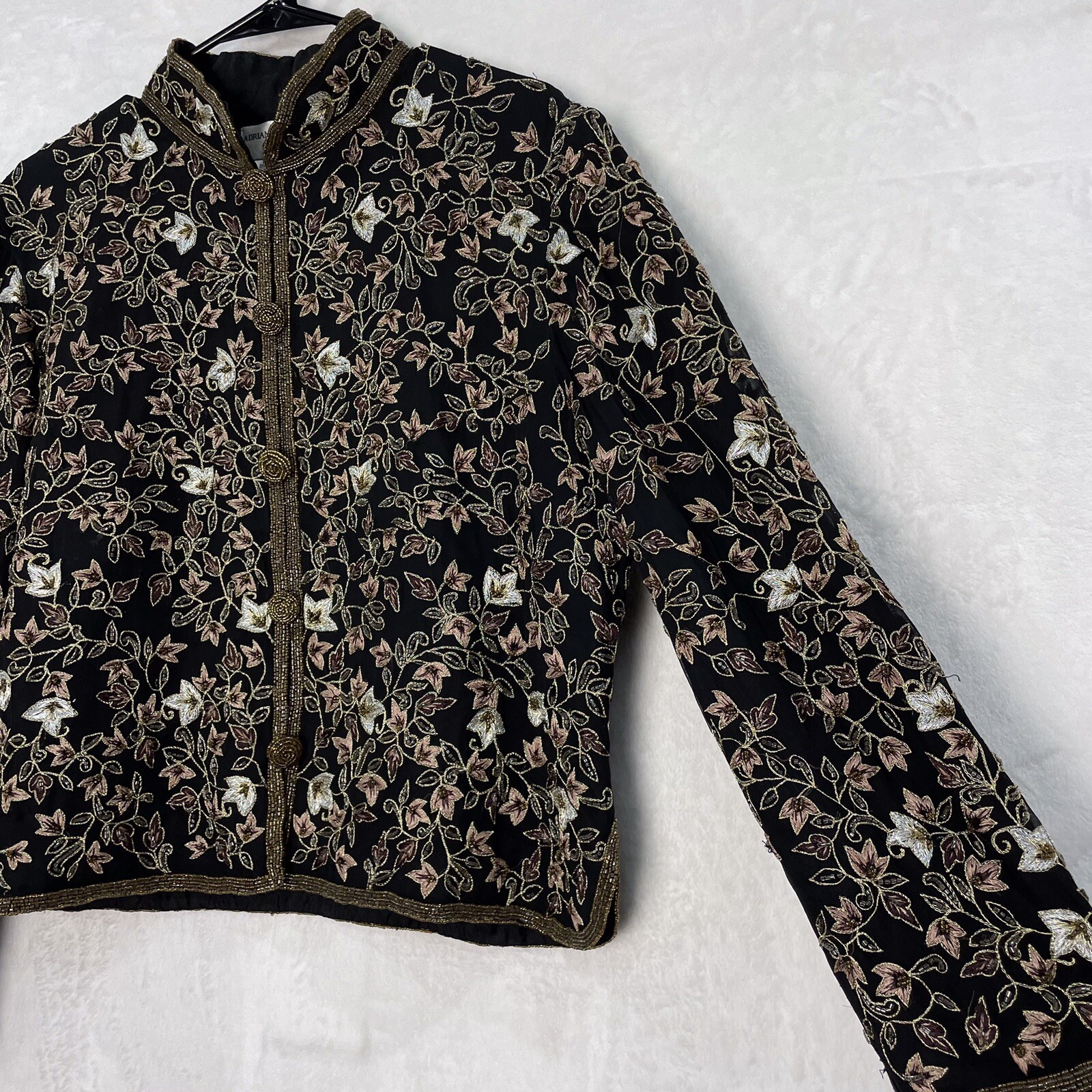 VTG Adrianna Papell Evening Silk Beaded Embroidered Jacket 16 Black Silver Gold