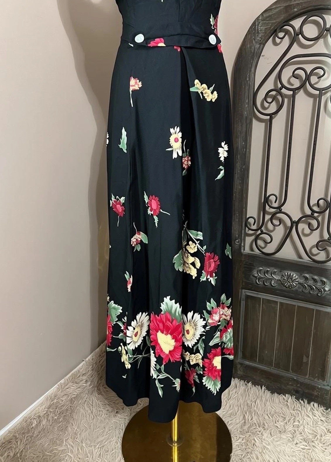 Vintage 90s Black Floral Button Down Tank Dress Cottagecore Boho Grunge Size L