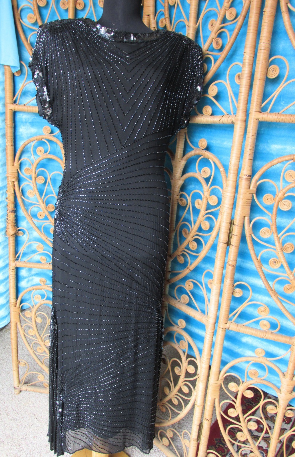 Vintage Para Black Silk Beaded Gown Sheath Keyhole Back Flared Hem SZ 10