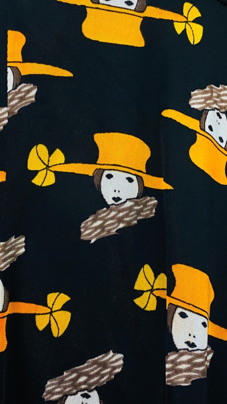 Vintage 1970s novelty print mini dress, lady face orange hat black nylon XS