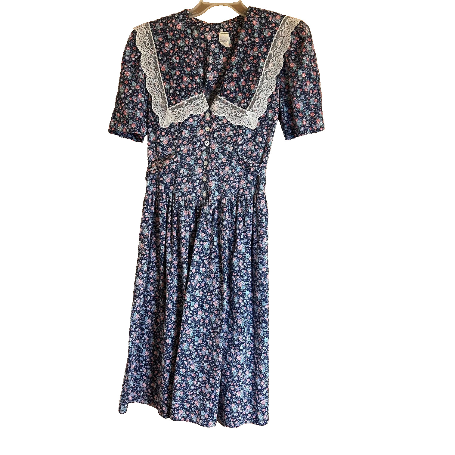 VTG 70s Floral Prairie Midi Dress Sz 7 Blue Pink Lace Collar Union Made USA