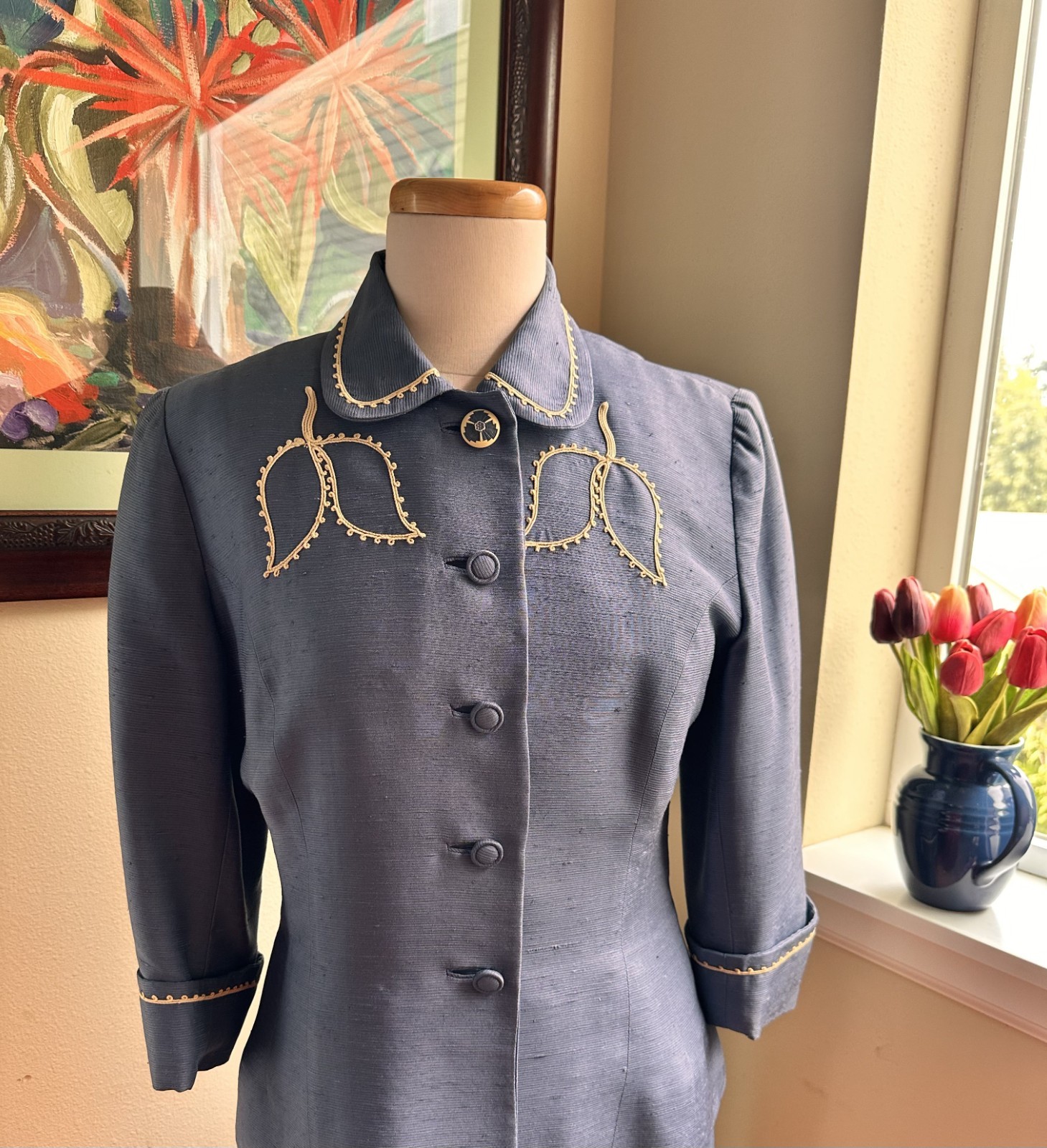Blue Raw Silk Suit by Country Club Coat c1950 – Tailored Jacket & Skirt – S