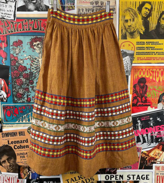 Vintage 50s Guatemalan Symbol Folk Art Embroidered Full Cotton Woven Skirt XS