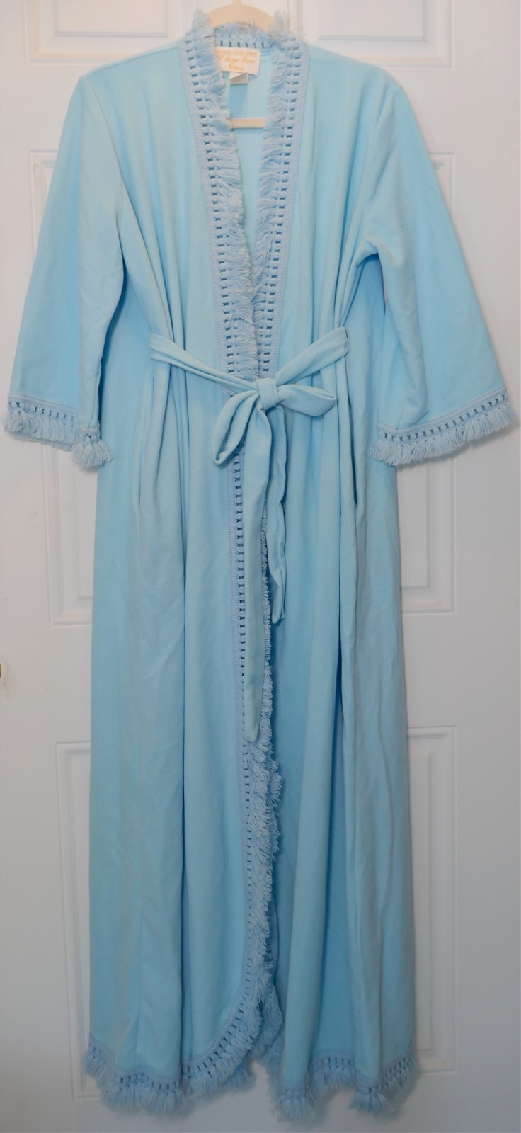 VTG SEARS At Home Wear Blue Long FRINGE Robe M 14-16 Arnel Triacetate Nylon 60s