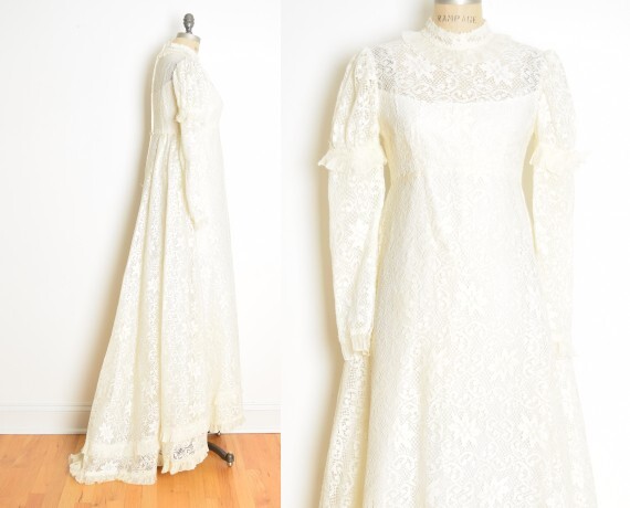 vintage 60s wedding dress cream crochet lace regency juliet gown puff sleeve S