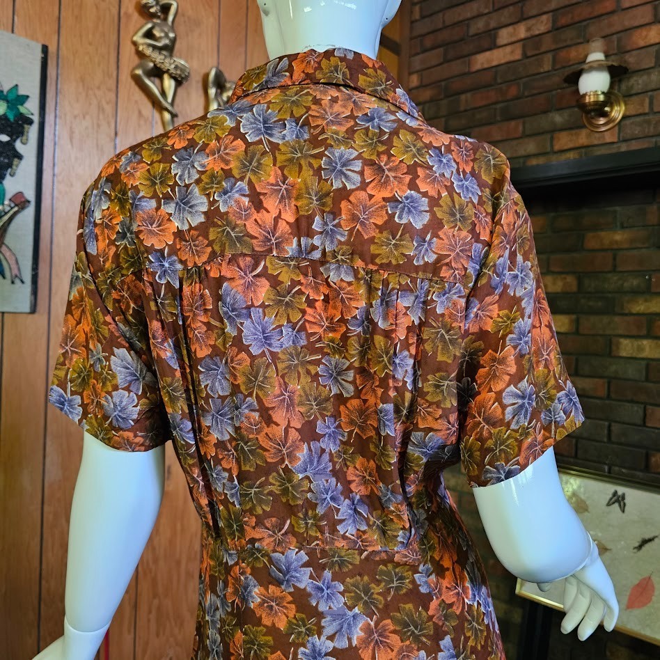 Vintage 40s 50s Novelty Fall Print Volup Shirtwaist Cold Rayon Day Swing Dress L