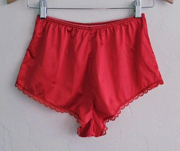Vitg 80s Esteem Nylon Satin Lace Trim Red Cheeky Tap Shorts Womens Small 5 USA