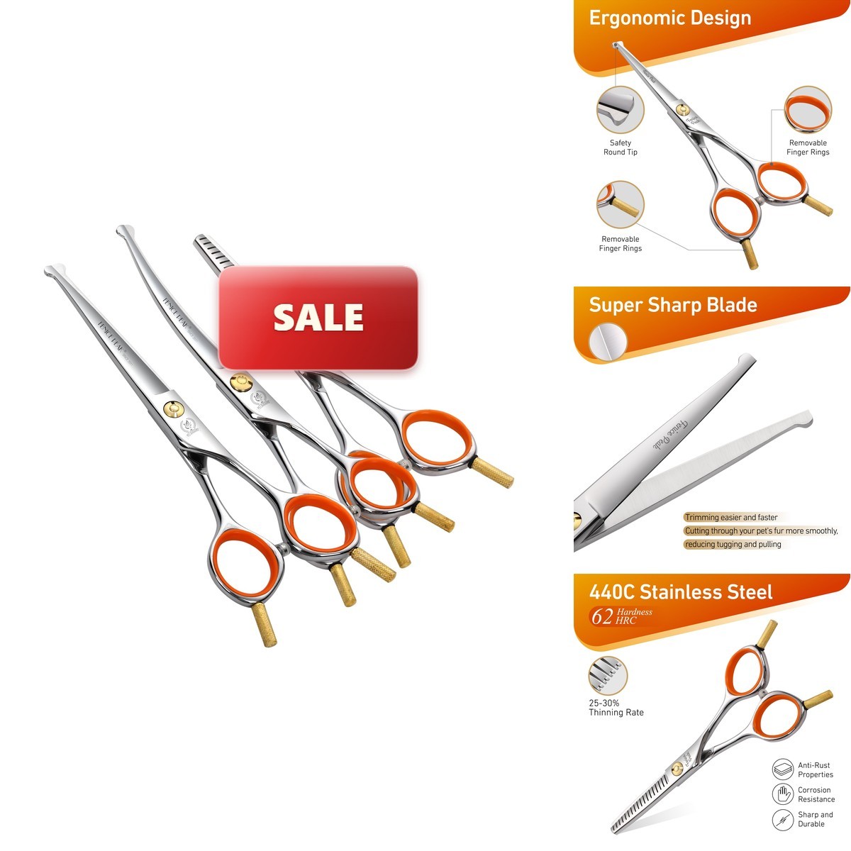 Fenice Peak 5″ 3-in-1 Dog Grooming Scissors Set Comb, Straight, Curved