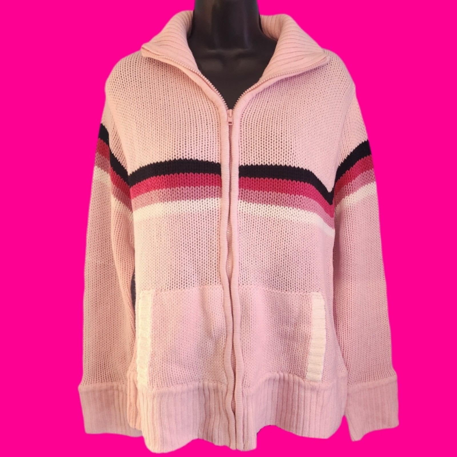 VINTAGE Y2K 2000s DEB Pink Striped Zip Sweater Top Jacket NWT 3X