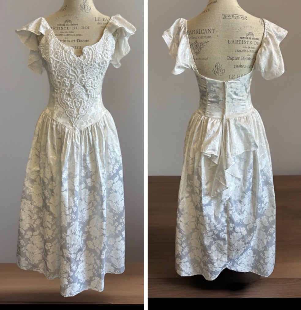 Scott McClintock Romantic White Off Shoulder jacquard Dress 80s 90s Medium