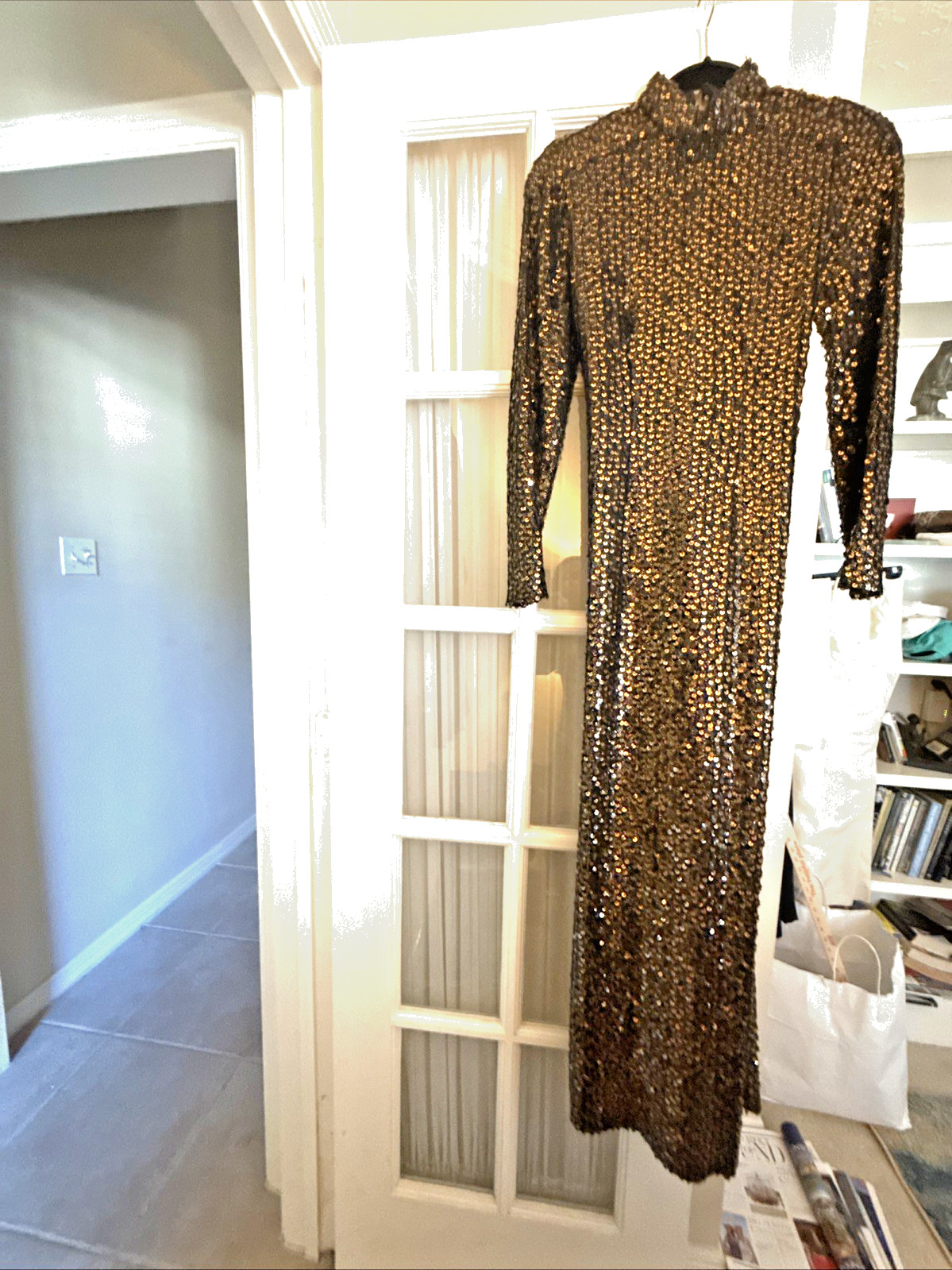 Anthony Muto Sequined Gold/Black Lame Column Gown