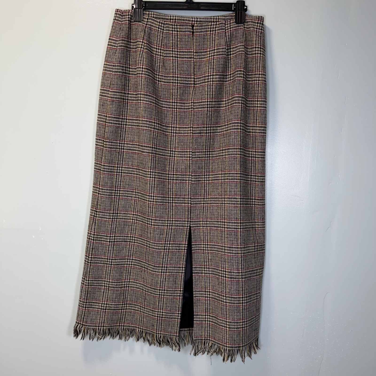 Harve Benard Sport Vintage 100% Wool Plaid Fringe Hem Maxi Skirt Brown Red 14
