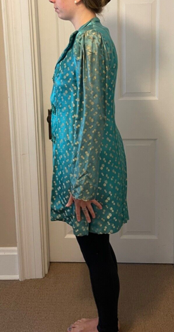 Vintage 1930s Turquoise and Gold Long Silk Jacket with Fancy Closure Size L