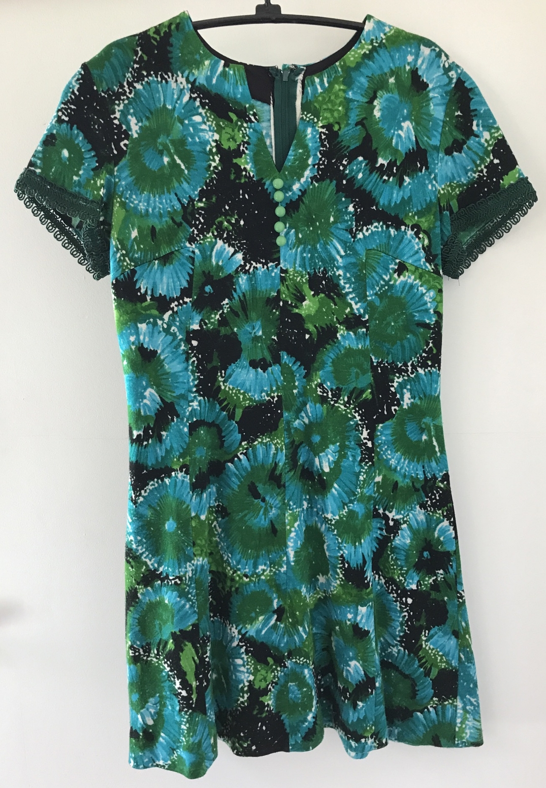 Vintage 60s 70s Handmade Green Blue Floral Hippy Mod Shirt Dress Small 35″ Chest