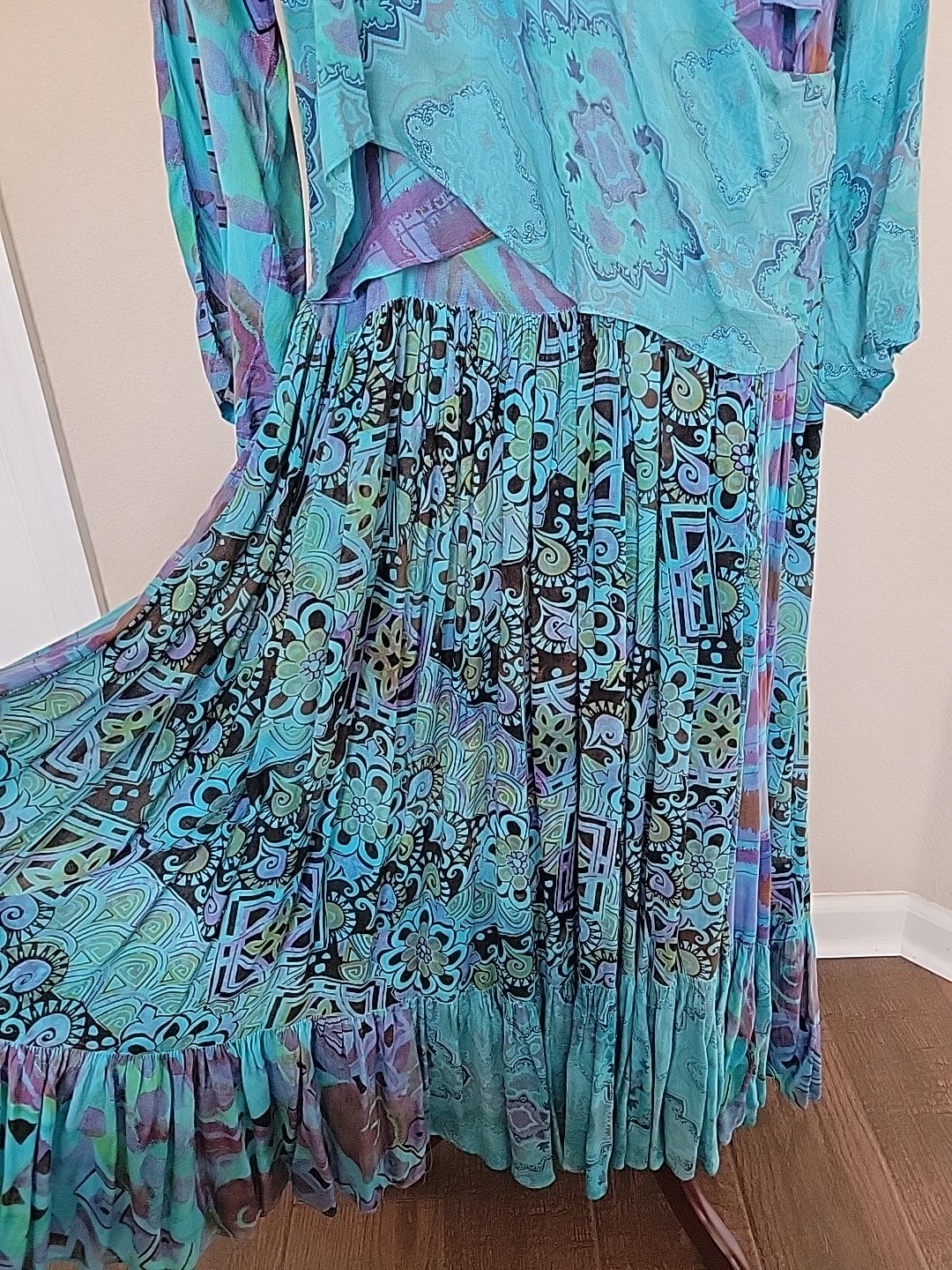 Vtg URU Womens Maxi Dress One Sz Oversized Tiered Lagenlook Drop Waist Floral