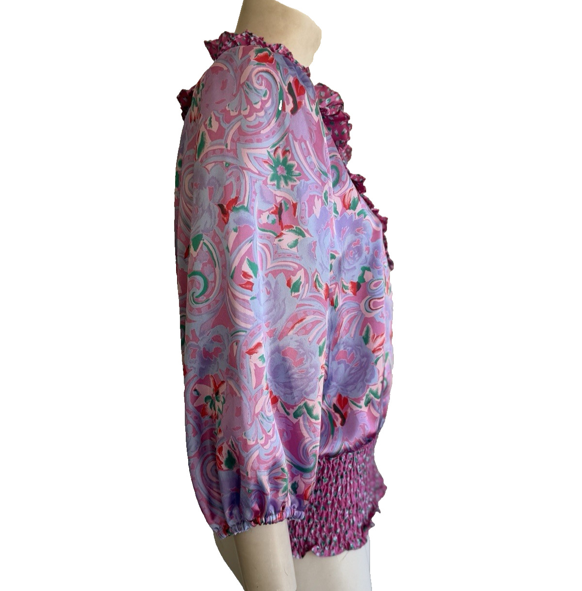 SUSAN FREIS Top VTG Lavender Pink Ruffled Smocked Blouse with tiny flaw Size M