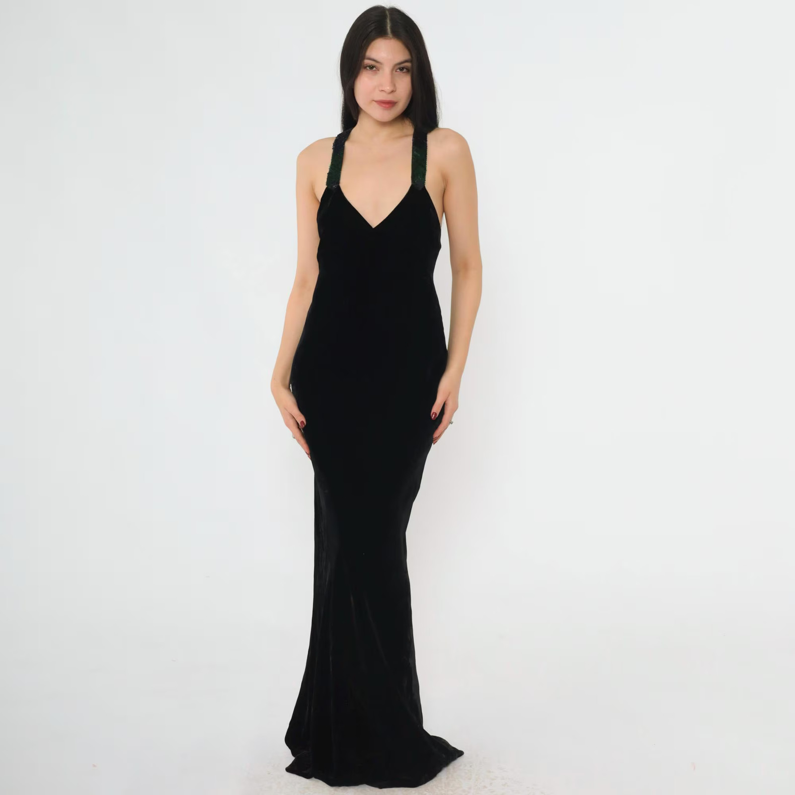 Vintage Ralph Lauren Collection Gown 90s Black Velvet Evening Dress Sequin Strap