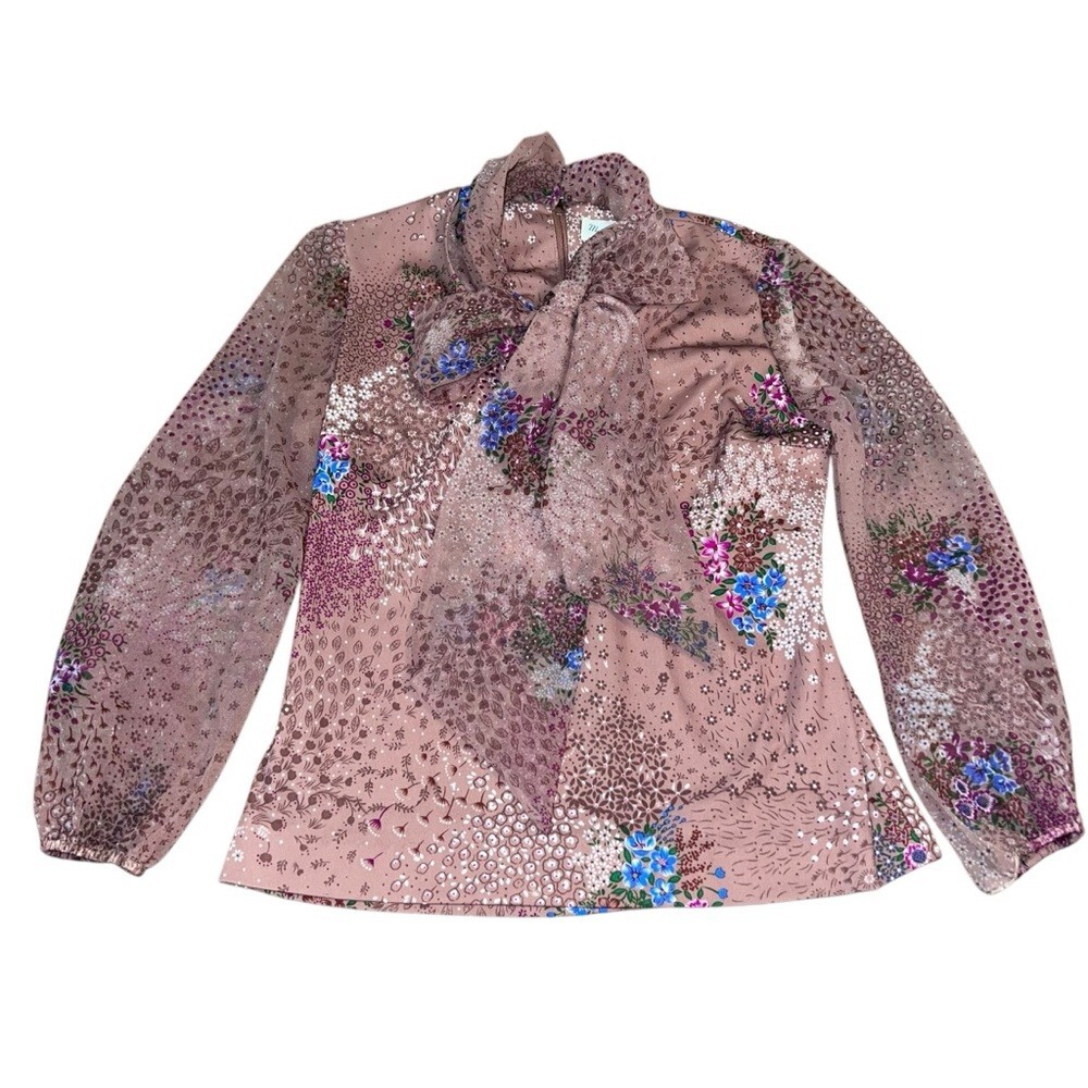 Vintage 60’s Floral Polyester PussyBow Blouse Size 10