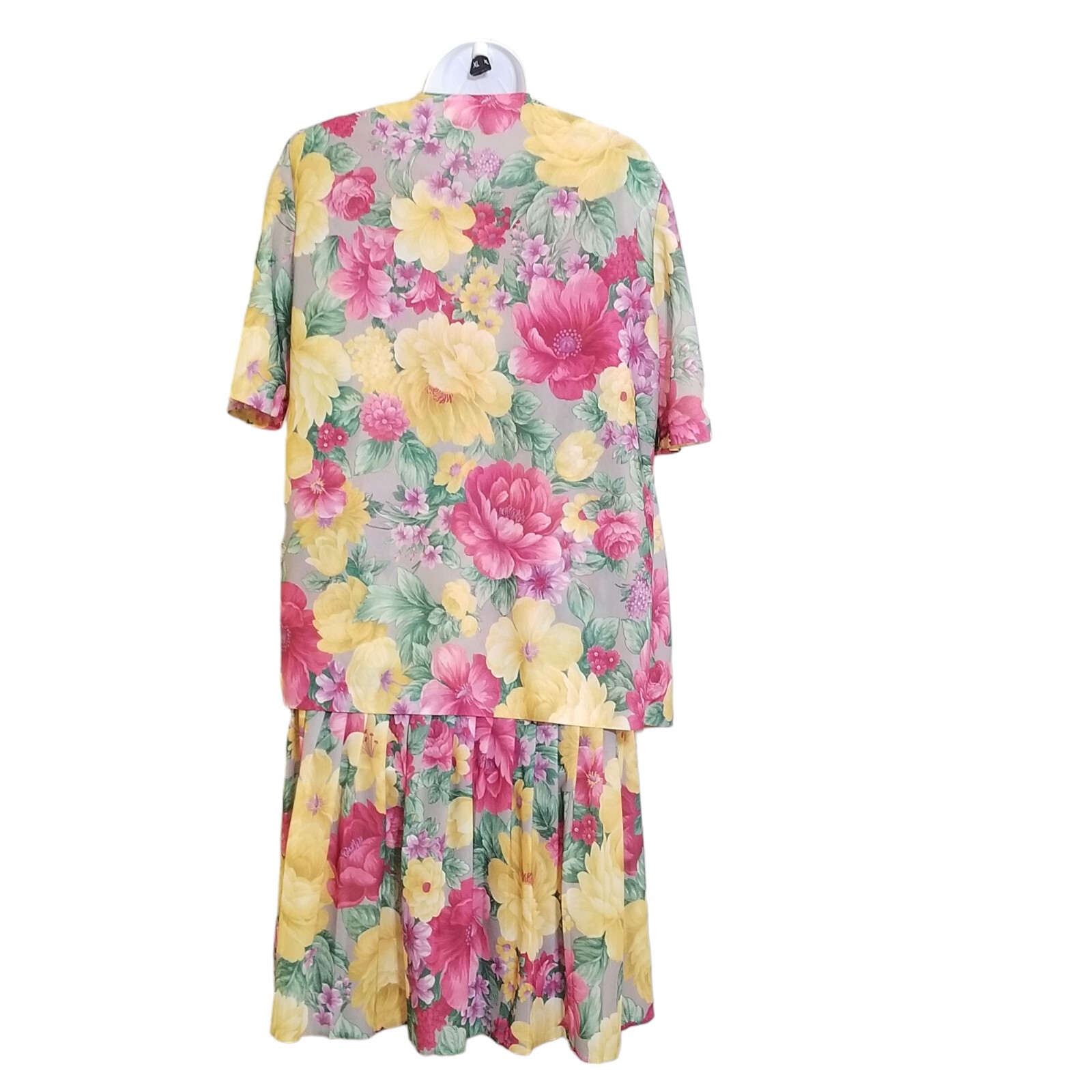 Vintage Womens Dress M/L Two Piece Below Knee Drop Waist Floral Pleated Yellow