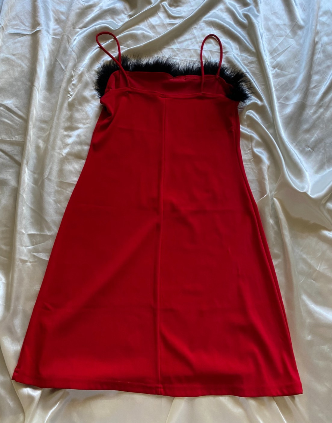 Vintage 1990s Red Mini Dress Black Feather Trim Party Grunge Small